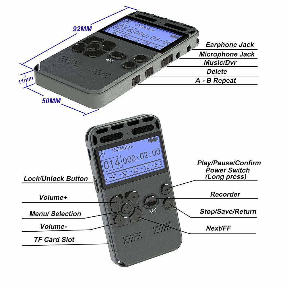 Hd Intelligent Digital Noise Reduction Meeting Recorder MP3 LED Display- Platinum 1+8GB