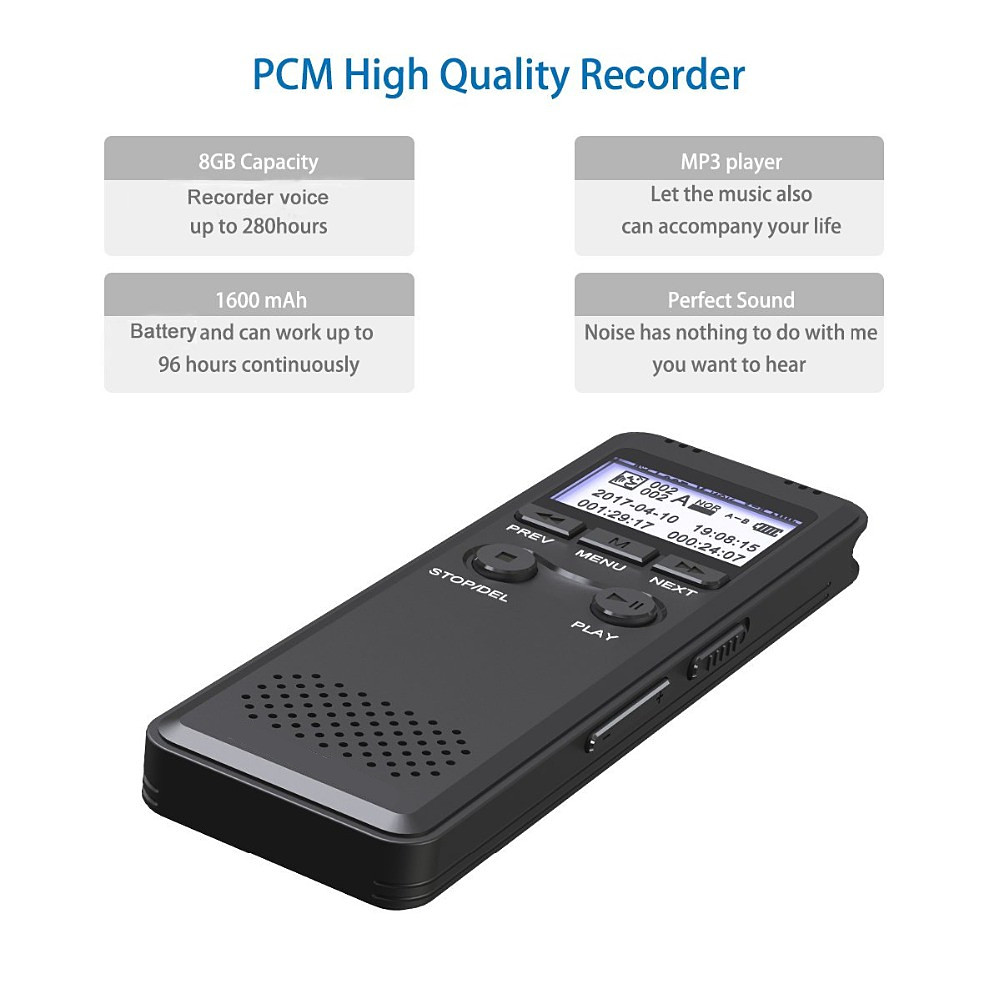 Portable Voice Activation Recording Hd Hifi Recorder MP3 Noise Reduction- Black 1+8GB