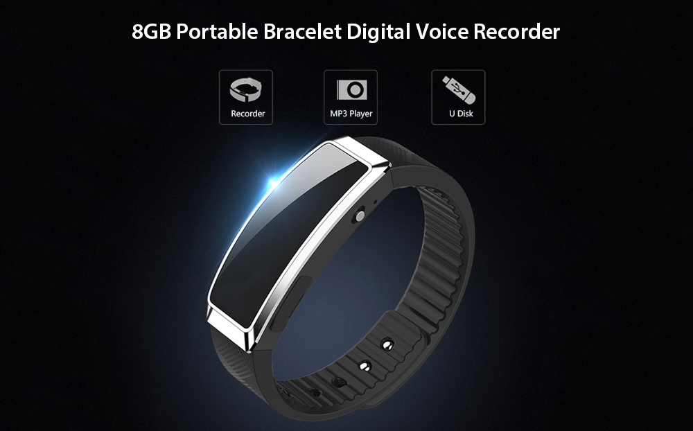 8GB Portable Bracelet Digital Voice Recorder Wrist Watch Band Noise Reduction Dictaphone with Voice Activated Recording - Black