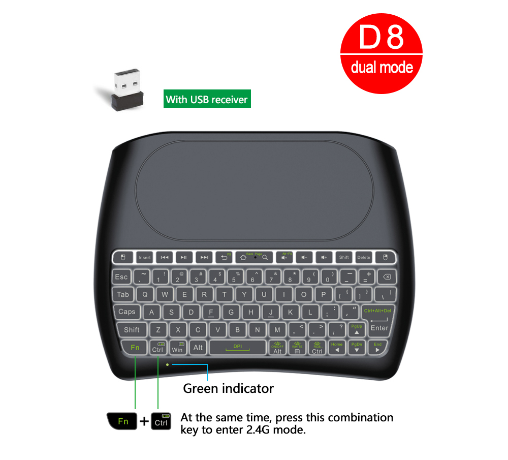 D8 Mini Key Air Mouse Large Screen Touchpad Mouse 2.4G Wireless Rechargeable Keyboard for Computer Android TV Box - Black