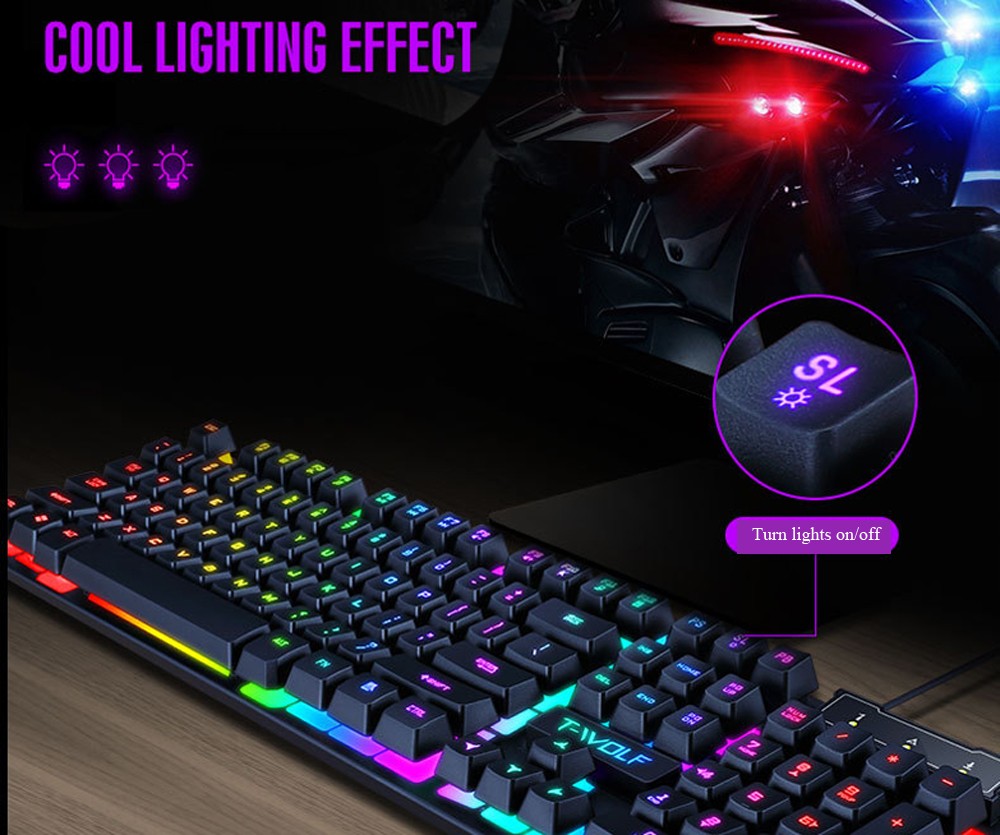 T-wolf T20 Wired Membrane Keyboard Computer Colorful Backlight Office Characters Illuminated - Black