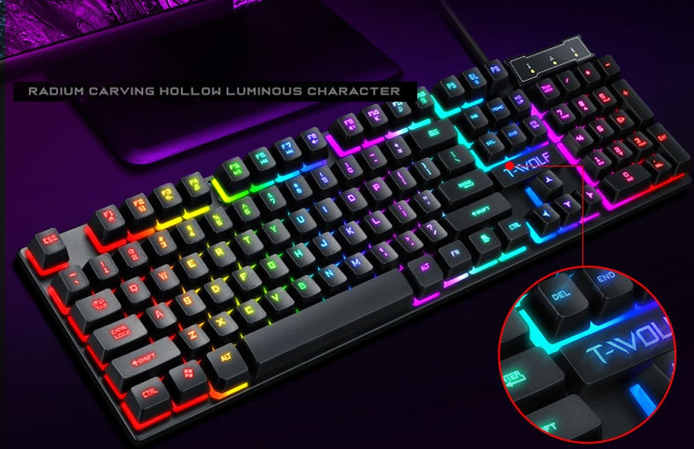 T-wolf T20 Wired Membrane Keyboard Computer Colorful Backlight Office Characters Illuminated - Black