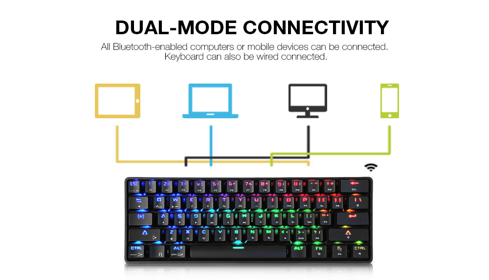 DK61 BT4.0 Wired Dual-mode Mechanical Keyboard 61 Keys RGB Light for Windows / Mac OS / Android- Black Blue Switch